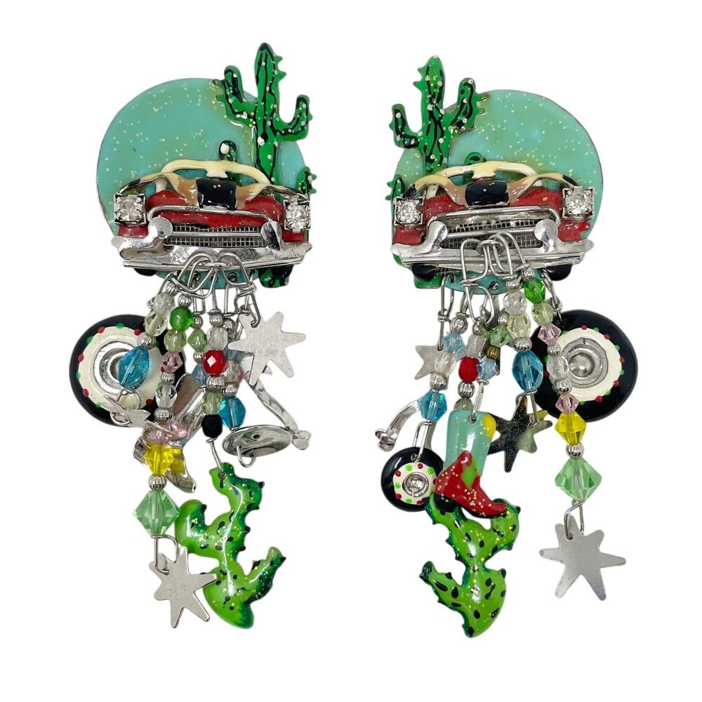 Vintage LATR Lunch at the Ritz Multicolor Classic Car Desert Cactus Earrings